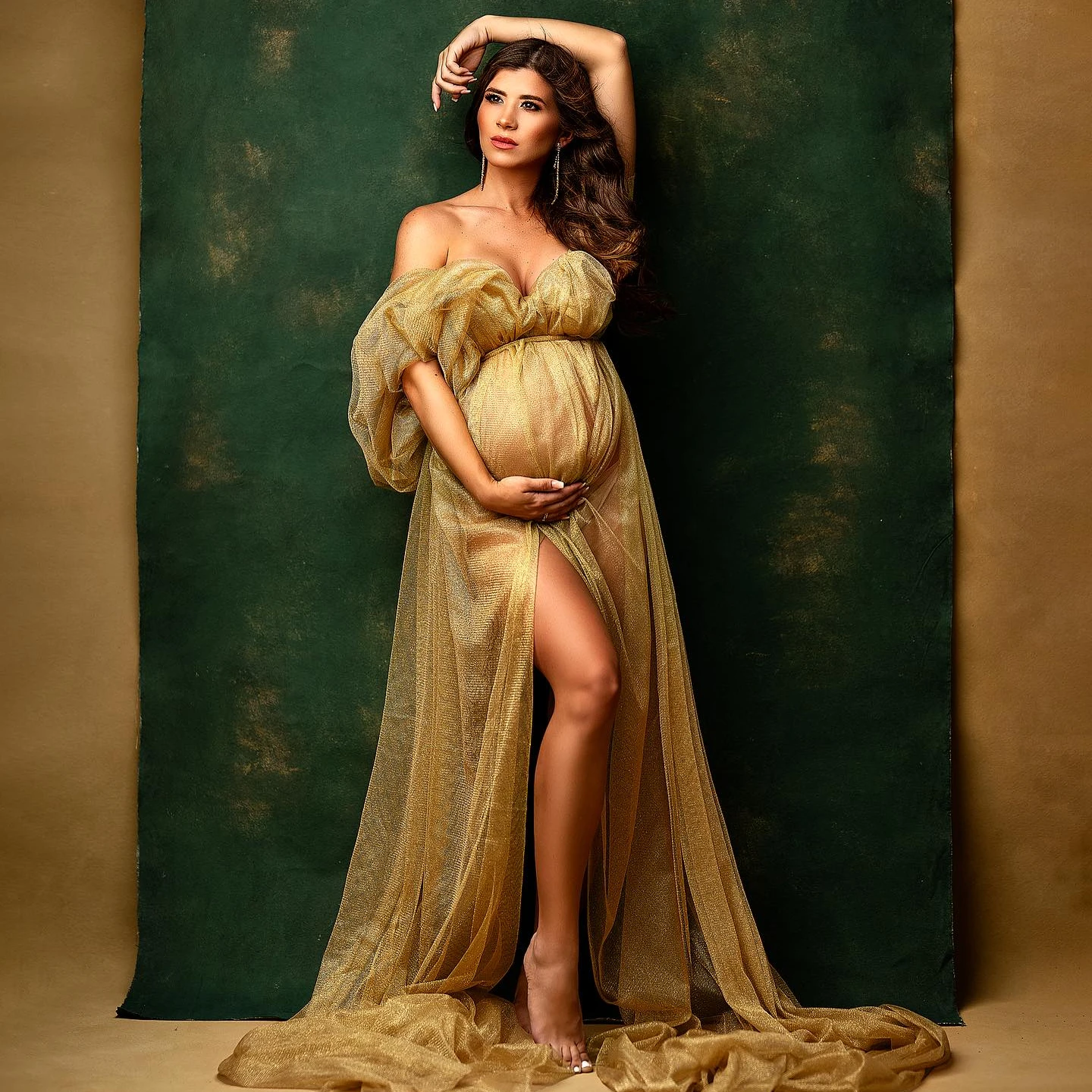 Shining Gold Tulle Maternity Gown for Photoshoot Off Shoulder Sweetheart Pregnancy Robes for Baby Shower Photography Gown#18473