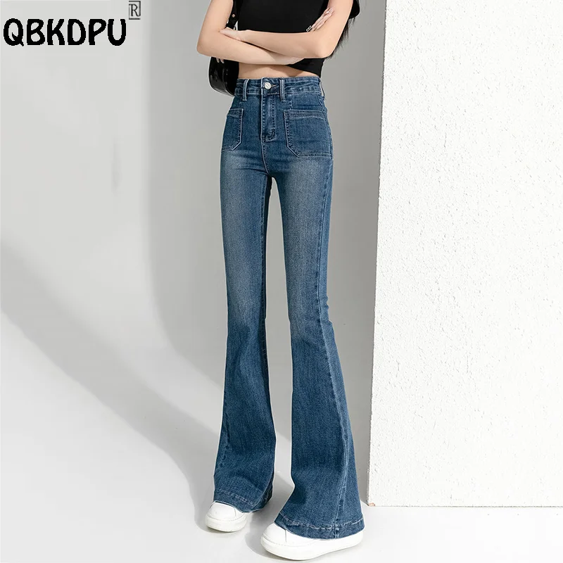 

Vintage Blue Skinny Flare Jeans Women Streetwear High Waist Vaqueros Wash Bell-Bottom Pant Korean Fashion Stretch Denim Trousers