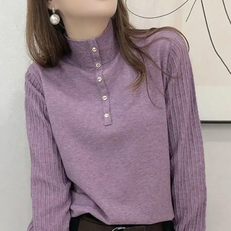 2023 Autumn Winter Solid Color Stylish Button Half High Collar Jumpers Female Clothing Commute Basic Korean All-match Sweaters