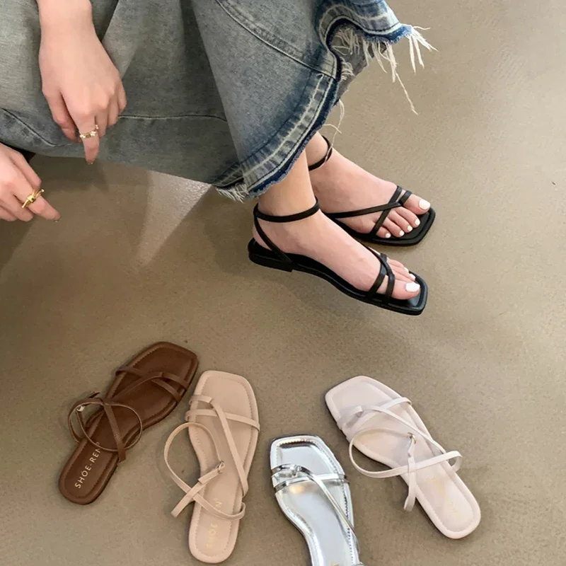 2024 Summer Gladiator Women Sandals Fashion Elegant Narrow Band Clip Toe Shoes Ladies Comfort Flats Beach Ankle Strap Sandalias