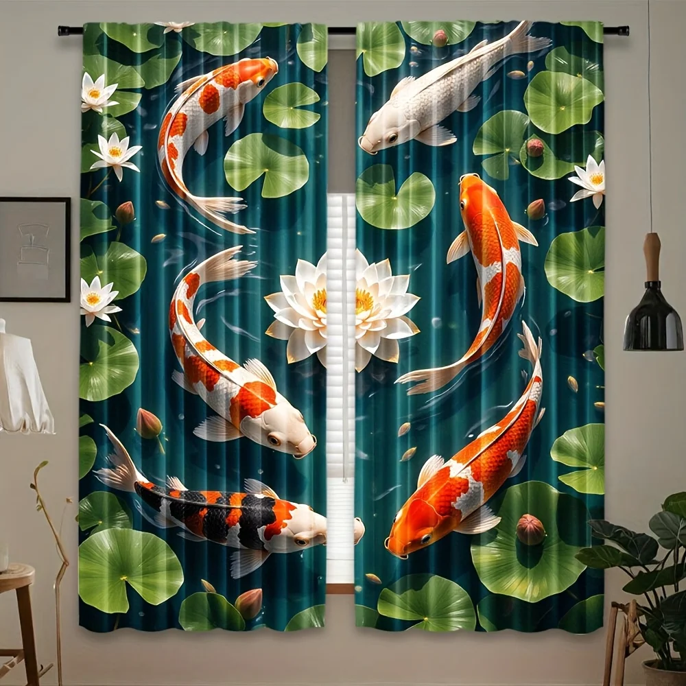 Koi Lotus Pond Curtain 2Panels,Vibrant Orange Carp Water Lily Green Leaf Dark Teal Water Background Print,Drapes Bedroom Curtain