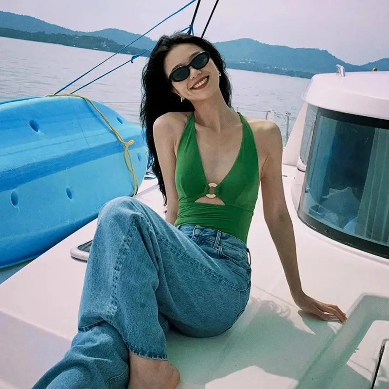 Minsu 2025NewNew One-Piece Swimsuit Vintage Hong Kong Style Sexy Swimsuit DeepVWhite-Enhancing Slimming Hot Spring Vacation Swim