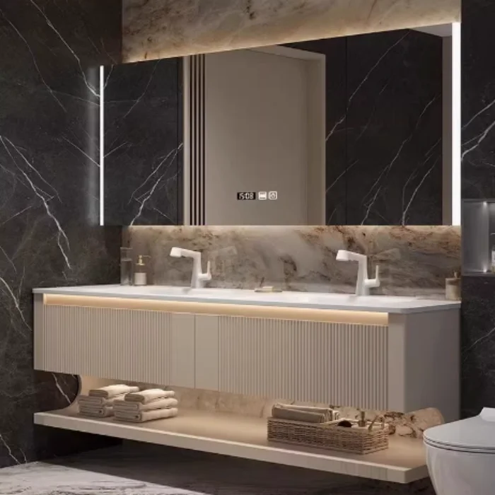 Large Size Hot Sale Modern Two Drawer Bathroom Double Vanity Bathroom Set Wall Floating Wooden Bathroom Cabinets With Mirrorprom