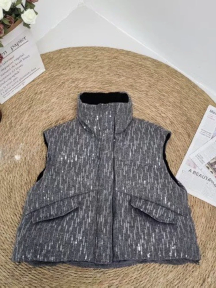 2026 Vest Autumn New Trendy Sequined Down Short Stand Collar Thick Ultra Warm Cozy 90 White Duck Niche Quality Ladies Outerwear