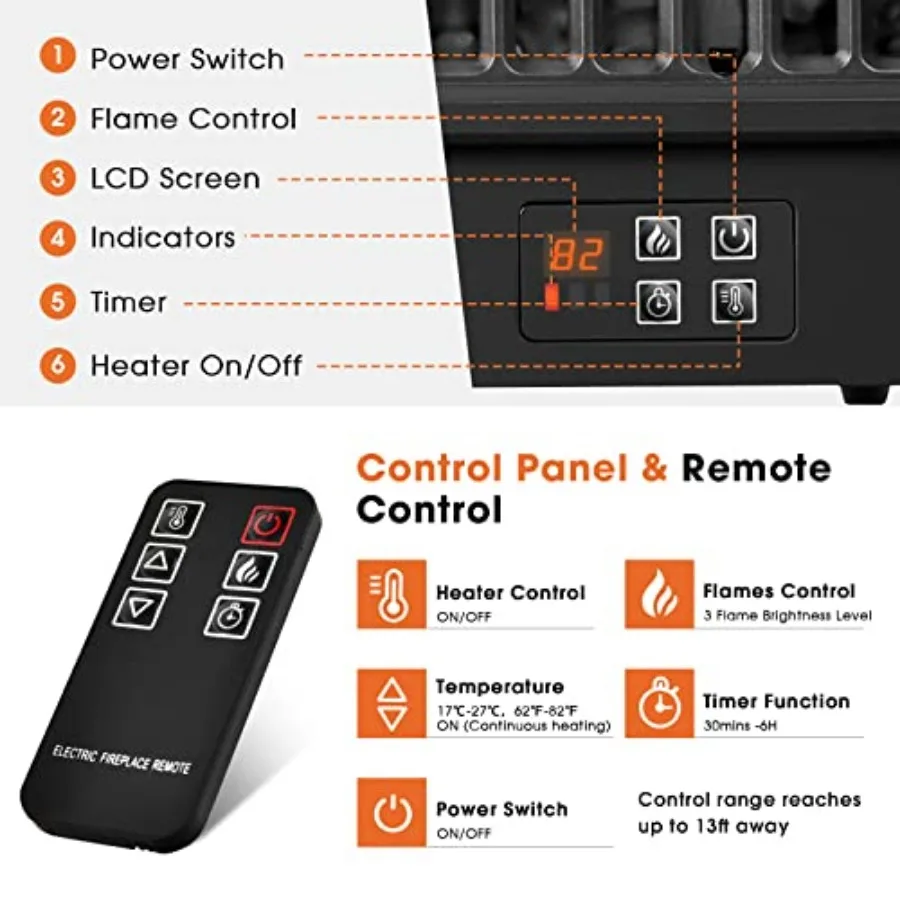 Electric Fireplace Insert Log Set 23-Inch Infrared Quartz Fireplace Log Heater with Remote Control 6H Timer Adjustable Flame Ef