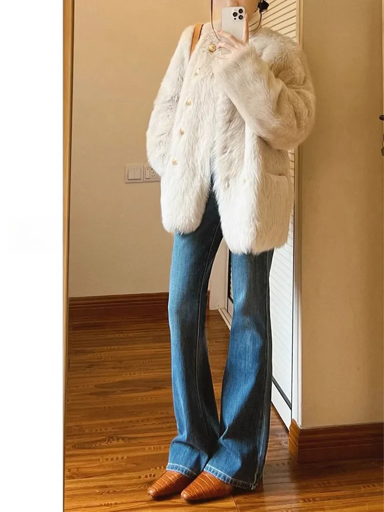 الرجعية عالية الخصر بسط التخسيس حجم كبير المرأة جرس بوت الجينز عادية Sle مريحة الدينيم السراويل ربيع 2025