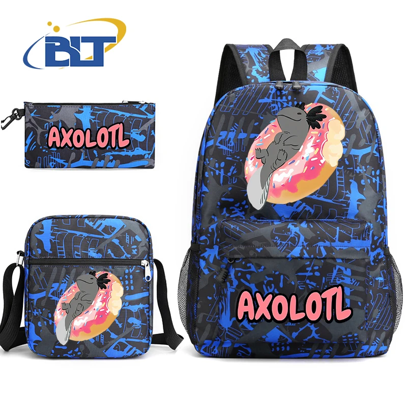 Cute Axolotl printed student school bag set youth backpack shoulder bag pencil case 3-piece set kids back-to-school gift