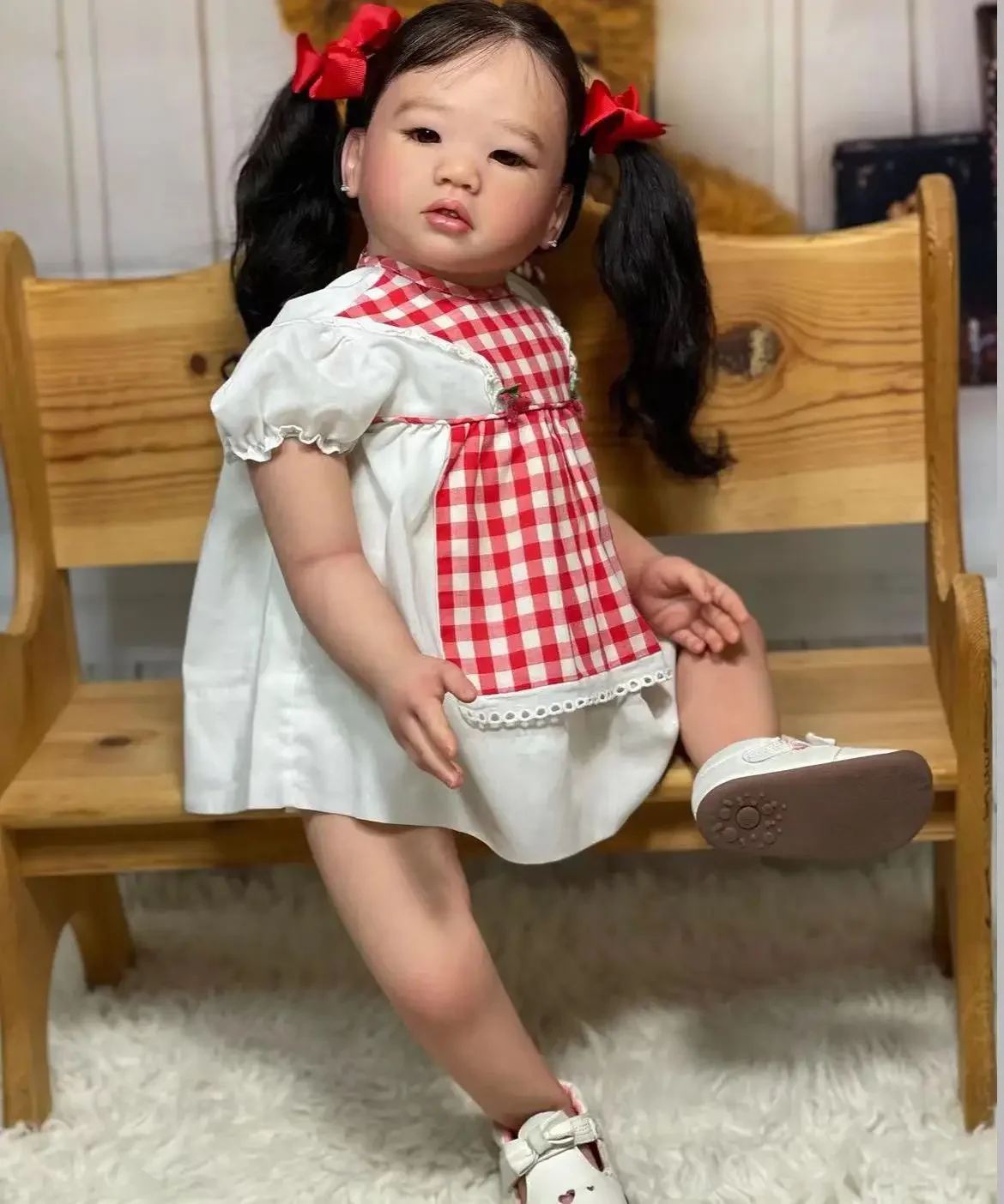 SINO-BB Customized Limited Supply 28inch Reborn Baby Doll Amaya With Hand-Rooted Long Black Hair  Different Dress Christmas GIft