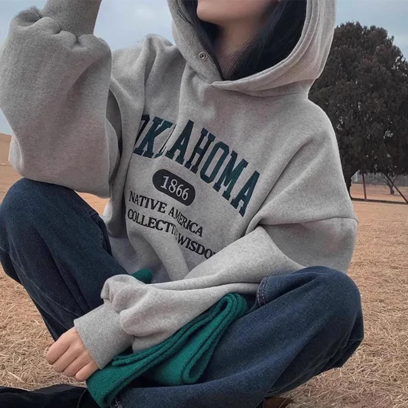 

Retro Embroidered Print Fce Lined Long Sve Hoodie Women's Chic Autumn Winter Versatile Small Size Hooded Sweatirt