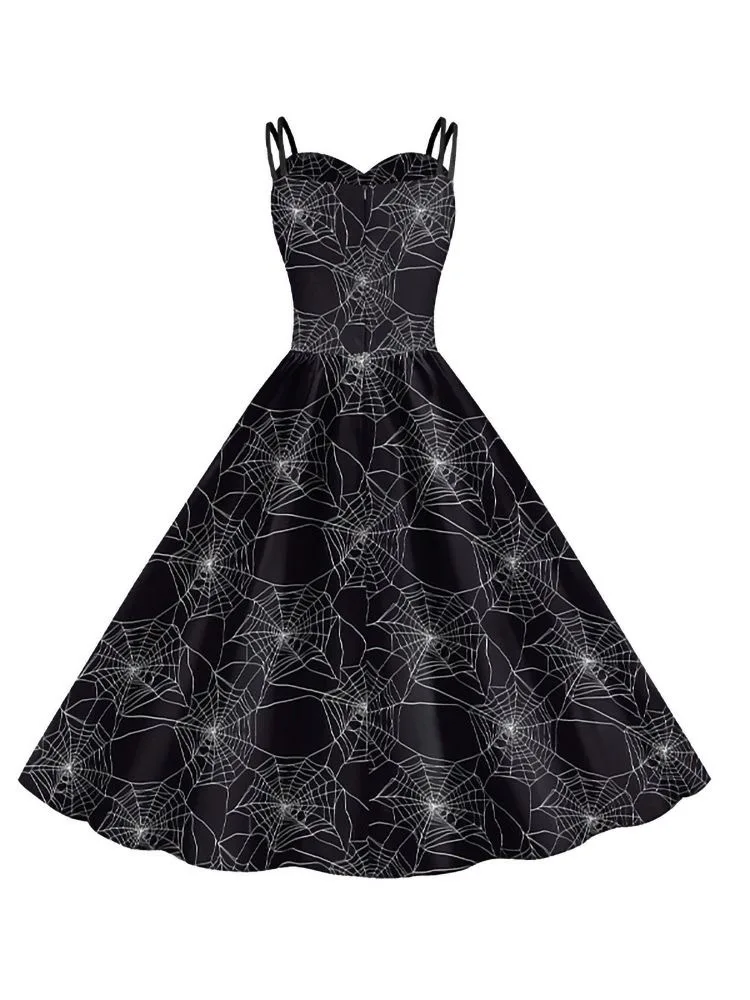 Vintage Gothic Doppelriemen-Swingkleid mit Skelett-Brustmuster, mehrfarbigem Blumen- und Totenkopf-Aufdruck, Damen-Halloween-Cosplay-Kostüm – Detail 7