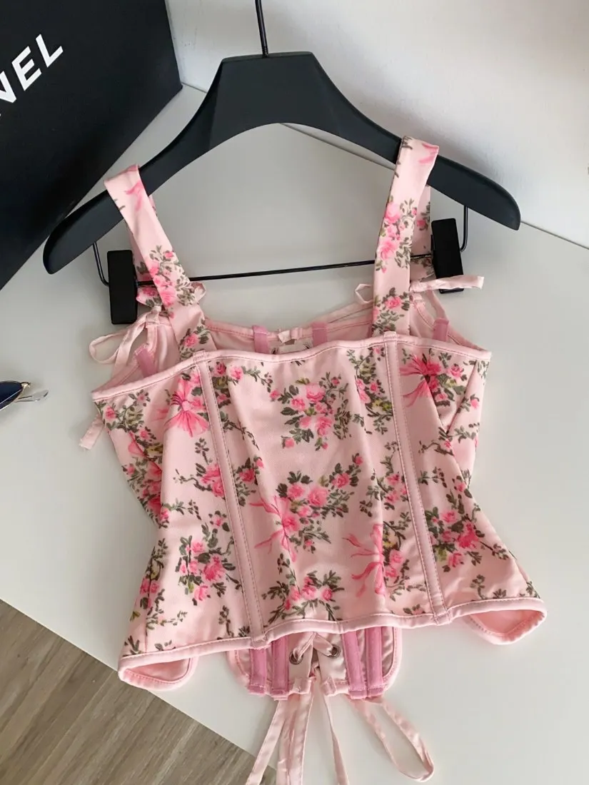 Foamlina Trendy Floral Halter Strap Bandeau Vest Camisole Summer Tie Up Boning Cinched Waist Sweet Spicy Outer Corset Tanks