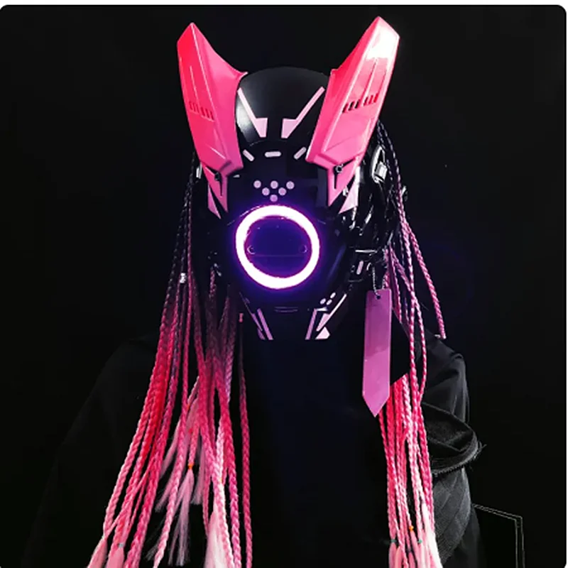 Cyber Punk Mask Night City Festival Samurai Circular White LED Cosplay ACG SCI-FI Helmet With Hair Halloween Gifts For Adults