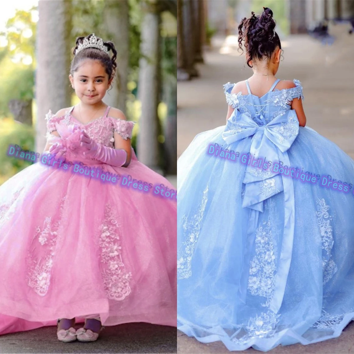 

Customised Flower Girl Dress Blue Layered For Wedding Puffy Satin Bow Little Girls Birthday Party Princess Pageant Dress First C