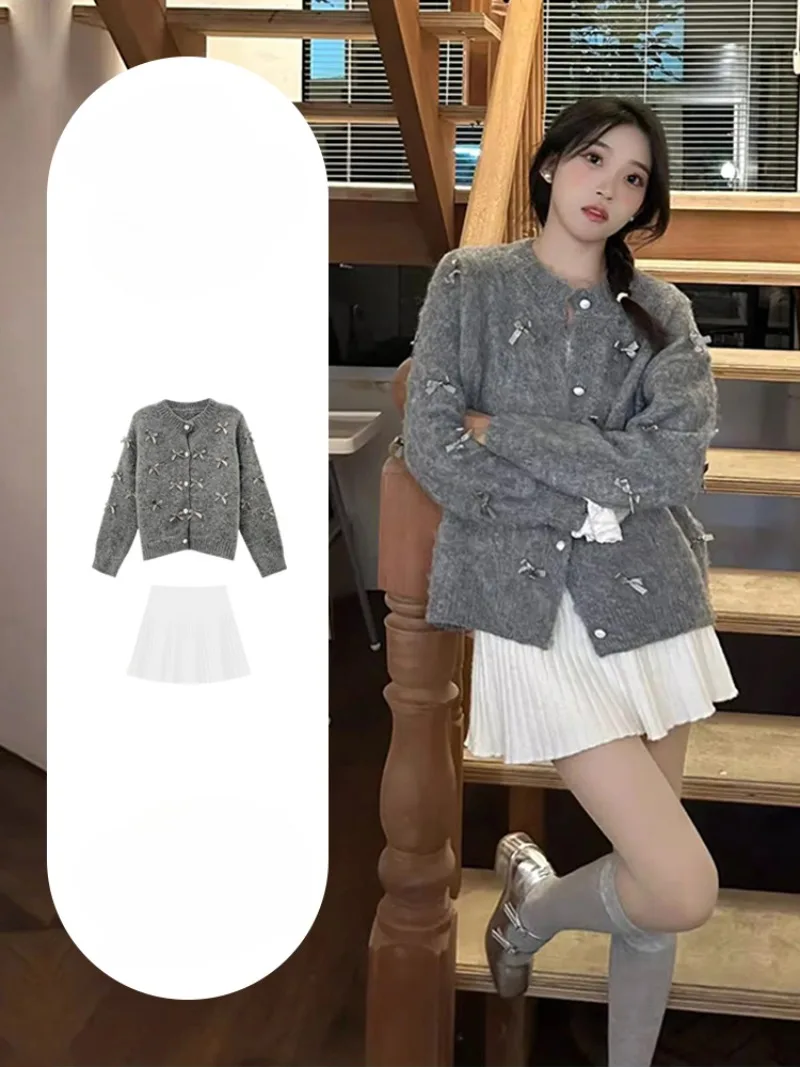 

French Korean Knit Cardigan Pleated Skirt Two-piece Set Women Bow Splice Single Breasted O-neck Soft Fashion Celebrity Lady Wear