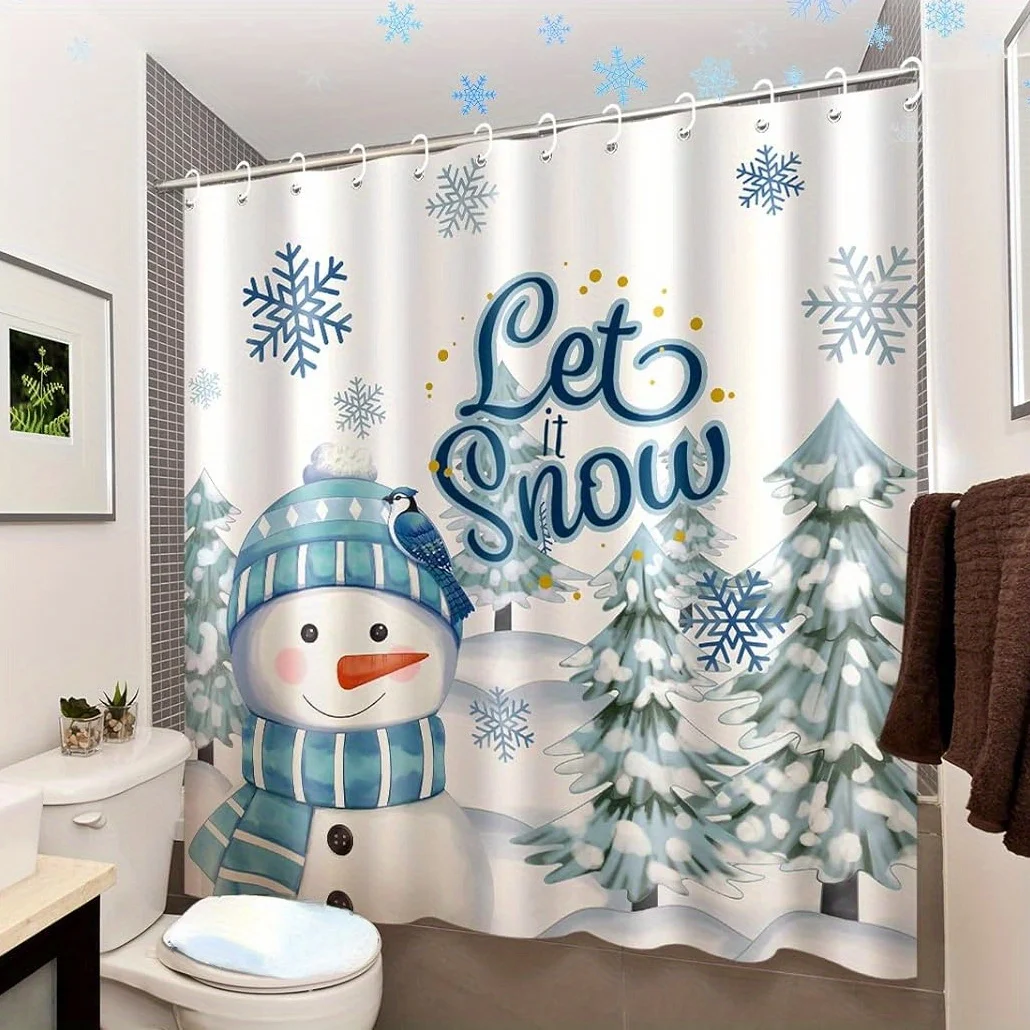 4PCS Christmas Snowman Shower Set – 12 Hooks Shower Curtain Non-Slip Mat U-Seat Cover Toilet Lid Cover Holiday Bathroom Decor