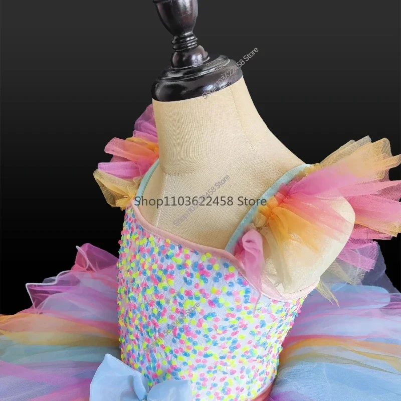 Children Ballroom Clothing Sequined Ballet Tutu Dress Girls Rainbow Color Modern Performance Clothing Wear Ballet Princess Dress