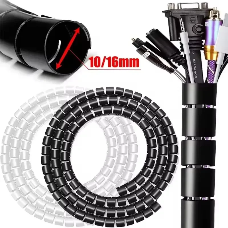 2M/1M Flexible Spiral Cable Wire Protector Cable Organizer Computer Cord Protective Tube Clip Organizer Management Tools 16/10mm