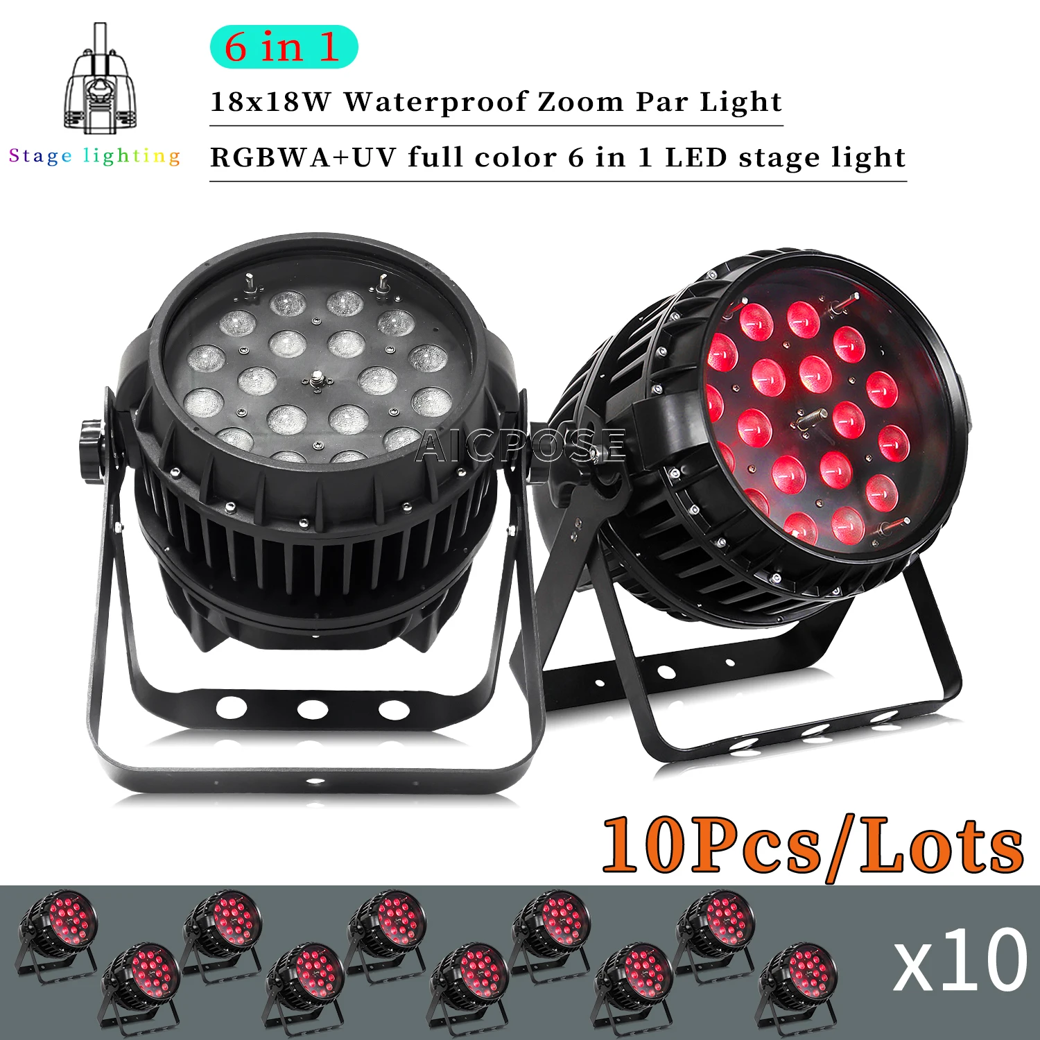 10Pcs/Lots 18x12W RGBW/18x18W RGBWA+UV 6 in 1 LED Par Light IP65 Waterproof Zoom Stage Light DMX Control DJ Disco Equipment