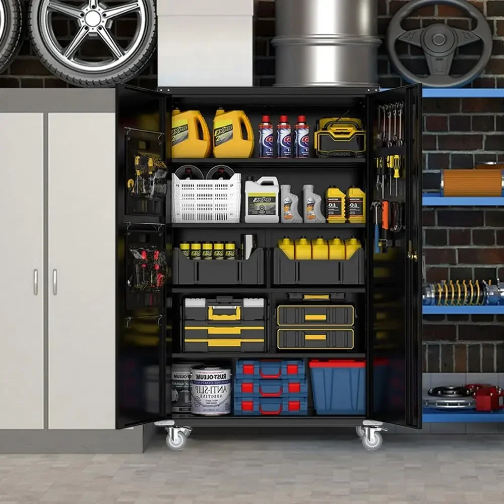 Wide & Deep Metal Garage Storage Cabinet with Pegboard & Adjustable Shelves, Lockable Storage Cabinet with Wheels, Tool Organiza