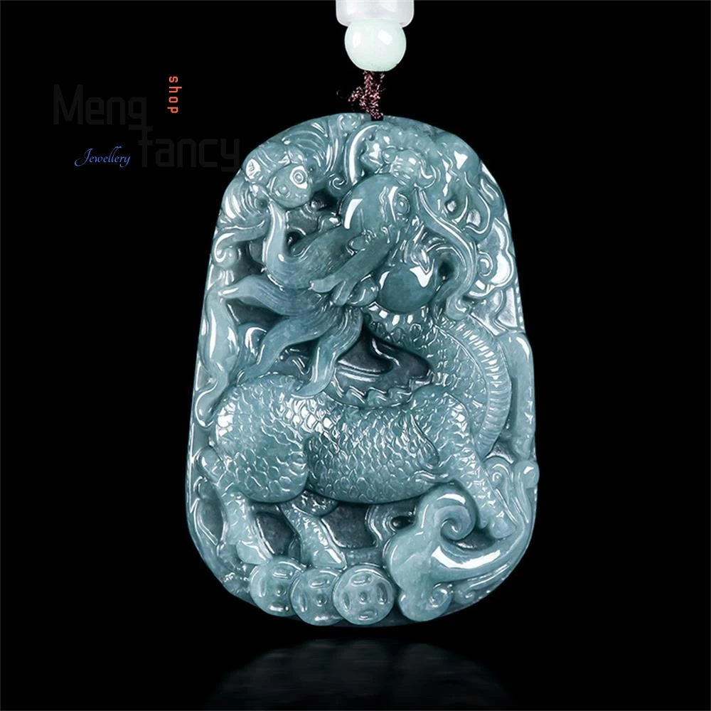 

Natural A-goods Jadeite Blue Water Unicorn Send Blessings Ice Jade Money Pendant Engraver Handicraft Exquisite Fashion Jewelry