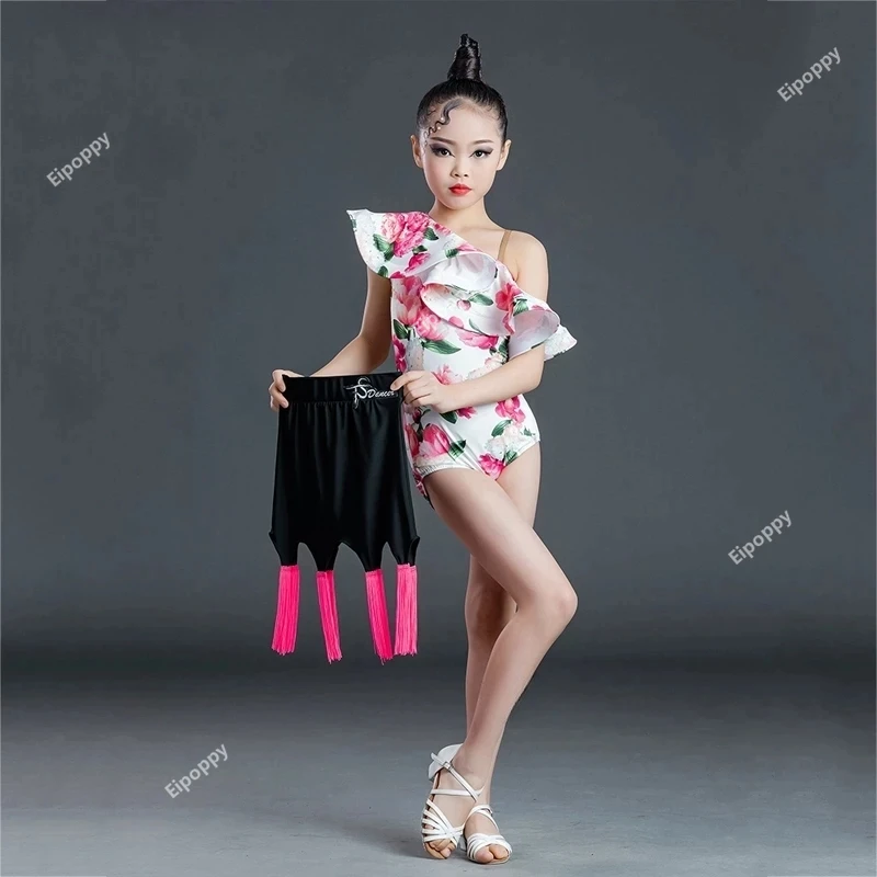 Lotus Leaf Sleeve ชุดเต้นรําละตินชุดสาว Fringed ชุดสูทเด็กละตินเต้นรําชุดเด็กฝึกเสื้อผ้า