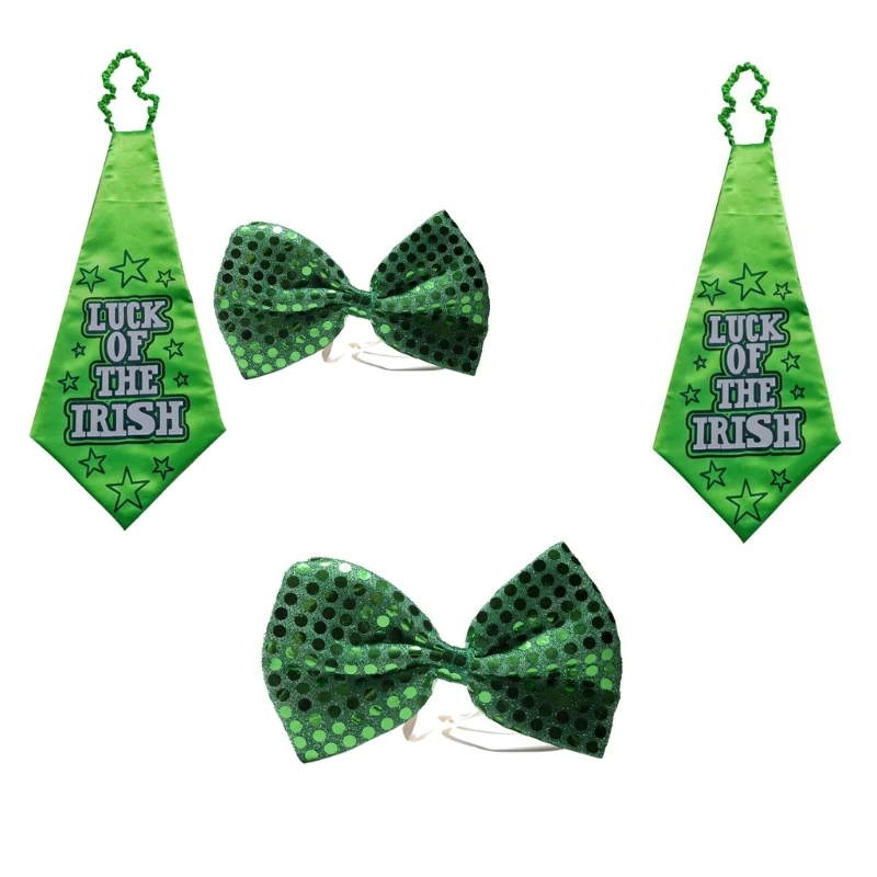 

Patricks Day Necktie Set for Men Adjustable Novelty Green Neck Tie and Bowtie Party Festival Costume Raves Outfit