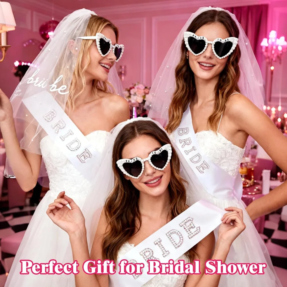 Braut-Zubehör-Set mit Schleier, Schärpe und Sonnenbrille für Junggesellinnenabschied, Brautparty, Verlobung, Strand, Flitterwochen, Foto-Requisiten – Detail 4