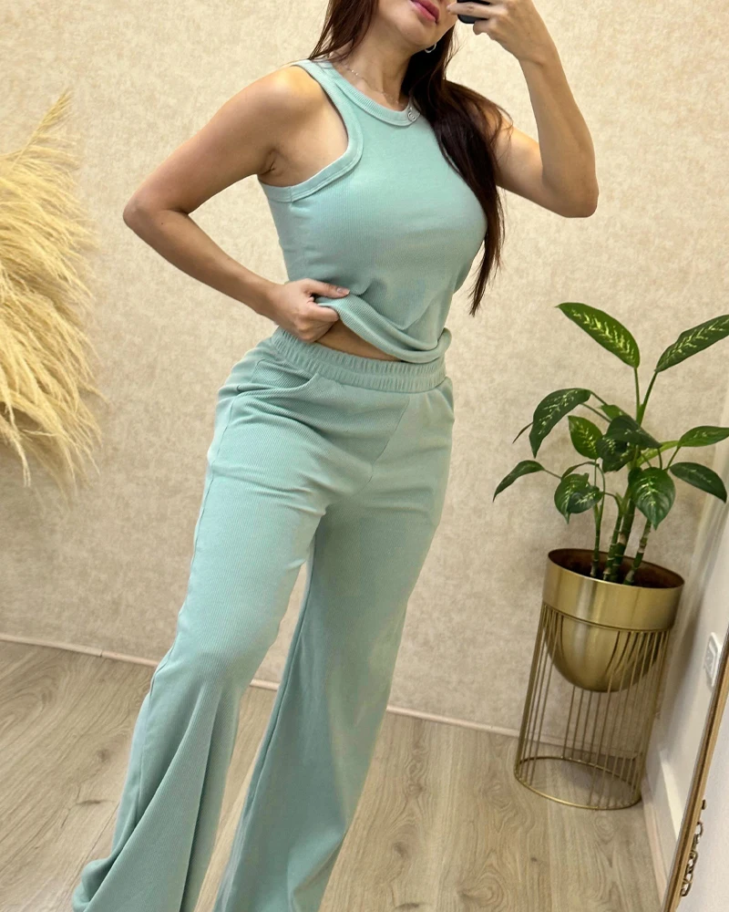 O-neck Sleeveless Ribbed Top & Pocket Design Pants Set