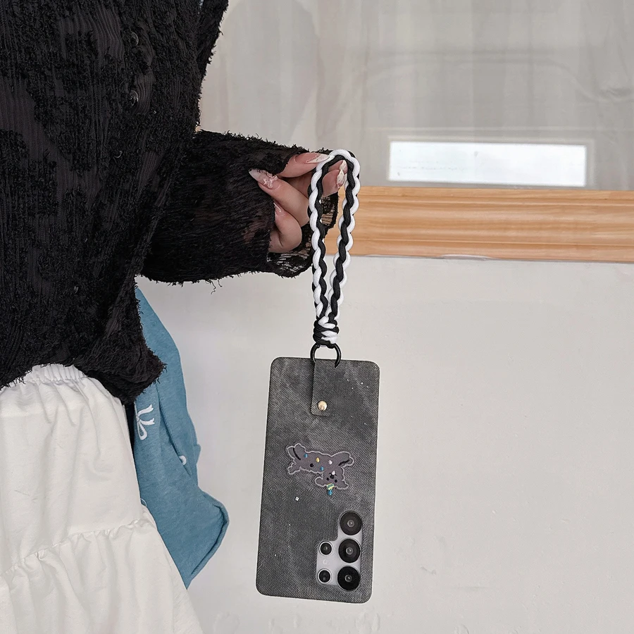 Cartoon DIY Dog Denim Jeans Phone Case for Samsung S25 S24 S23 Ultra Anti-scratch Cover iPhone 17 Air 16 15 14 13 12 11 Pro Max