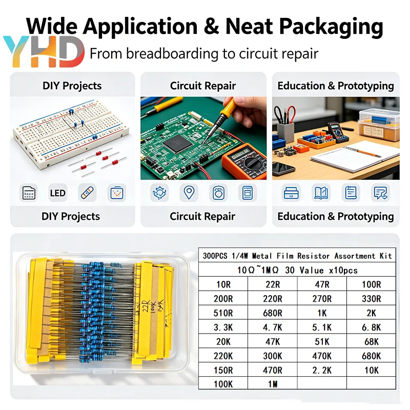 300PCS 30 Values 10pcs Each 1/4W Metal Film Resistor Kit 1% Tolerance 10 Ohm-1M Ohm Assorted Resistors Pack for Arduino
