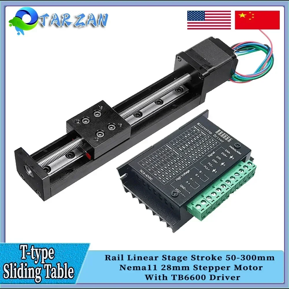 

Mini T-type Sliding Table 1/4/12mm Pitch Linear Rail Stage 50/100/200/300mm Stroke Nema11 Stepper Motor TB6600 For XYZ Axis CNC