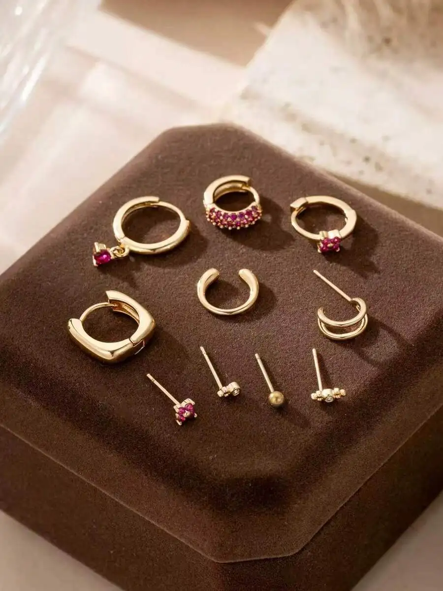 

10pcs Set Fuchsia Cubic Zirconia Flower Cartilage Earrings For Women Daily Party Festival