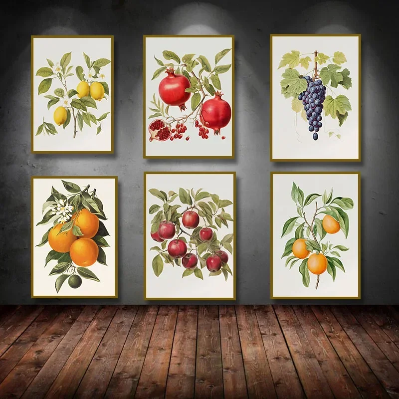 Póster de Lona con Diseño de Naranja, Limón, Uvas en Rama, Granada y Manzana, Impresión Artística para Cocina, Decoración del Hogar