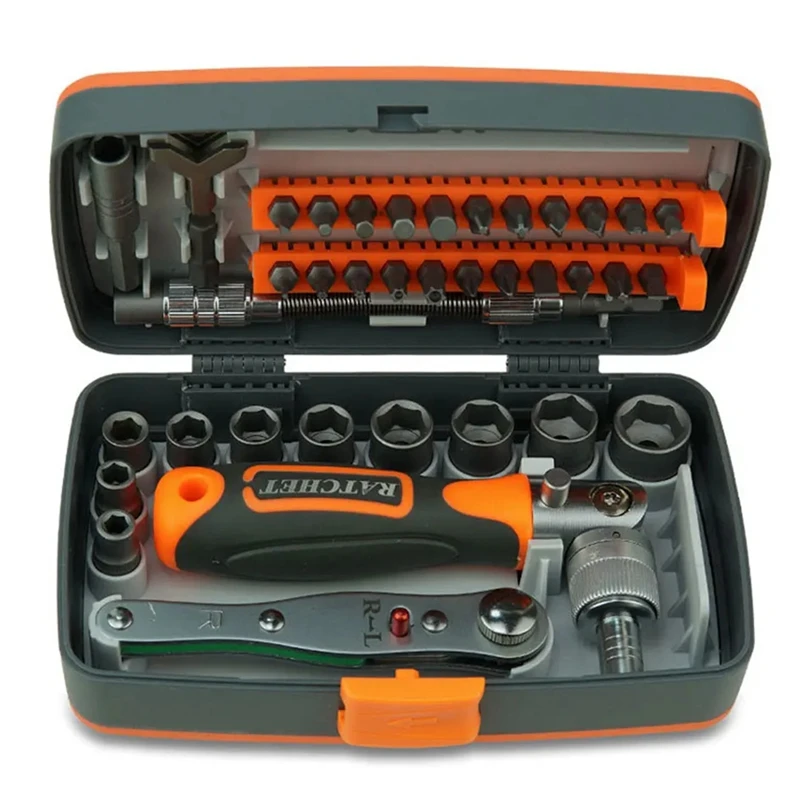 ABKJ-Precision Ratchet Screwdriver 38-Piece Set CR-V Bit With Universal Wrench 180 Degree Adjustable Handle Repair Hand Tool