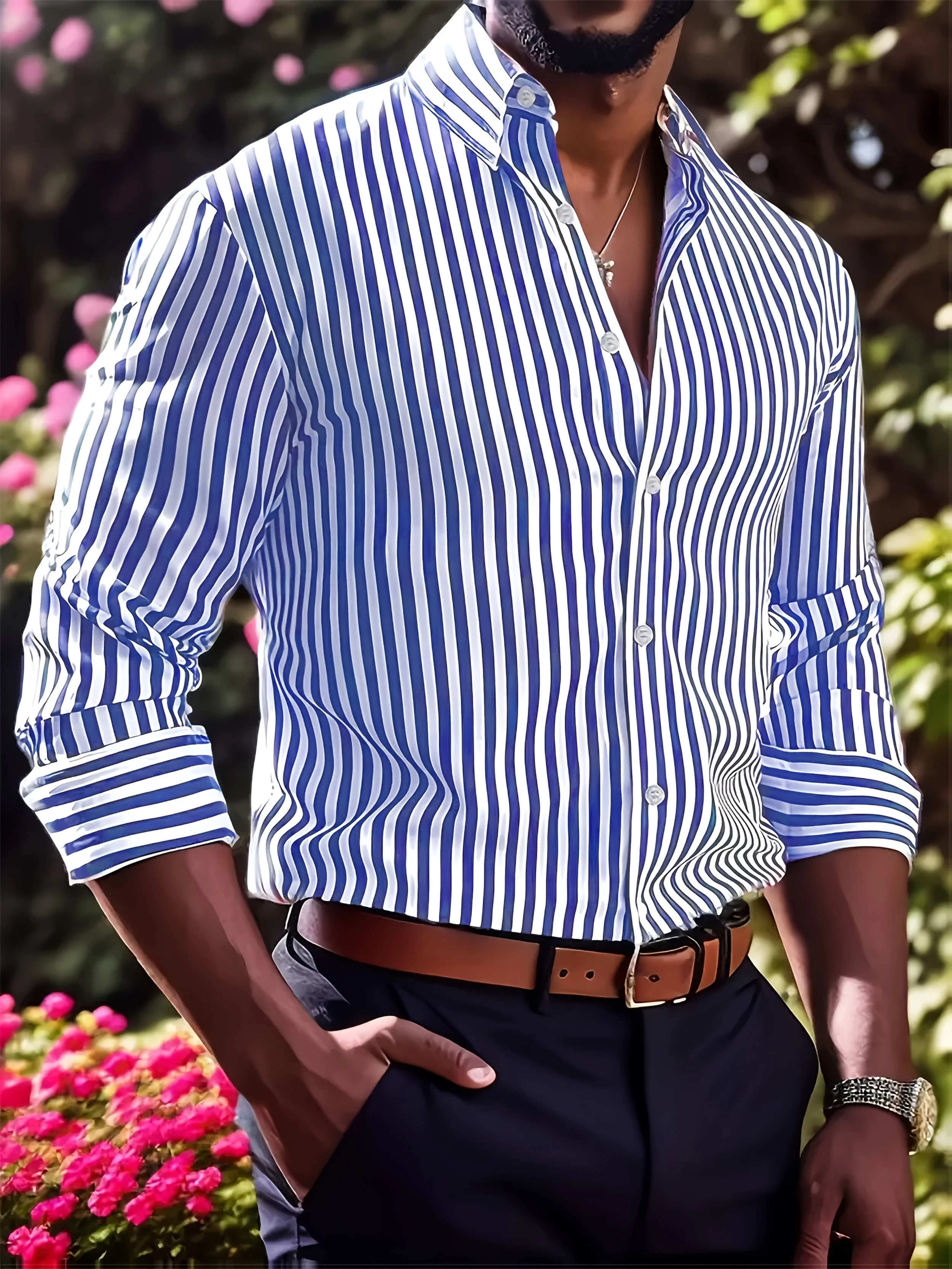 

[Деловая повседневная рубашка] Мужская полосатая рубашка с длинными рукавами на весну, лето, осень и зиму, подходит для повседневного использования и комфорта.