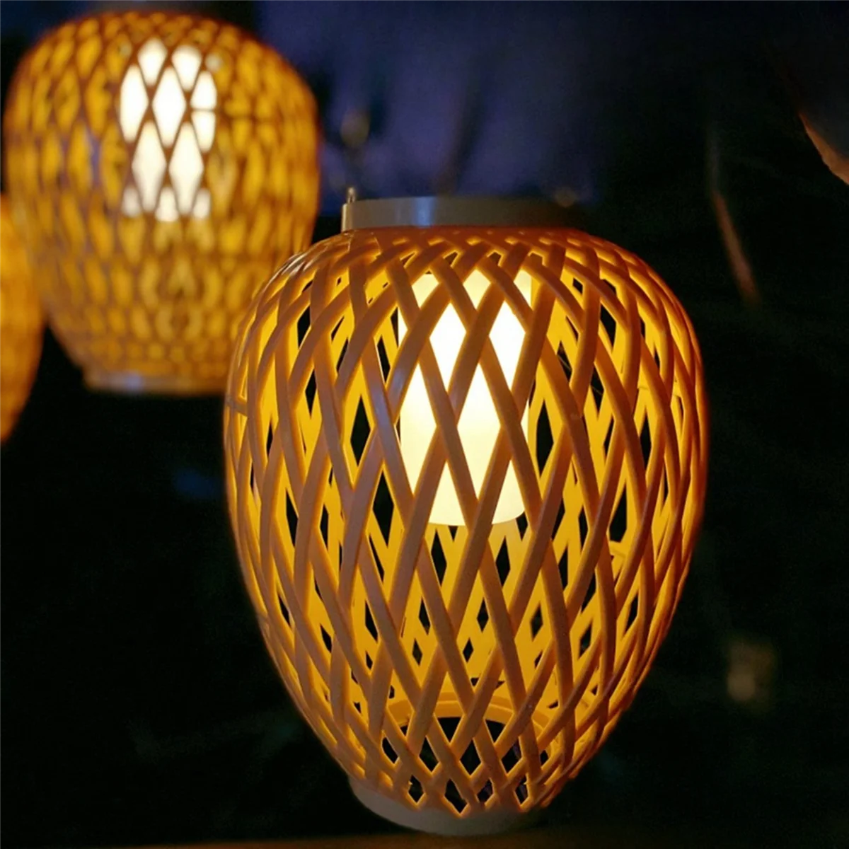 Outdoor Solar Imitation Rattan Lantern Courtyard Balcony Garden Decoration Candle Lights Atmosphere Bamboo Chandelier