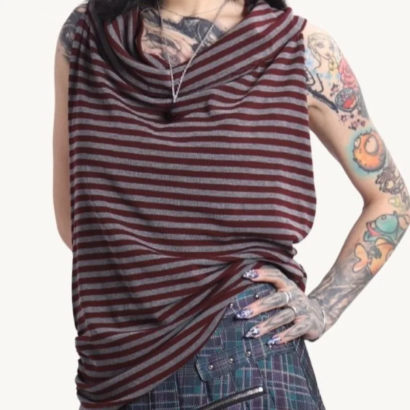 Y2k Clothes T Shirt For Women Aesthetic Cowl Neck Sleeveless Sexy Ropa De Mujer Edgy Stripes Multi-Way Wear Summer Short Tees
