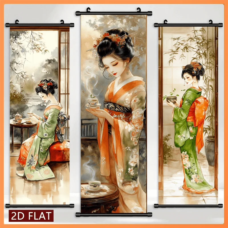 VIKAMA Japanese Geisha Kimono Wall Art Hanging Scroll Poster Asian Tea Ceremony Canvas Painting for Living Room Bedroom Decor