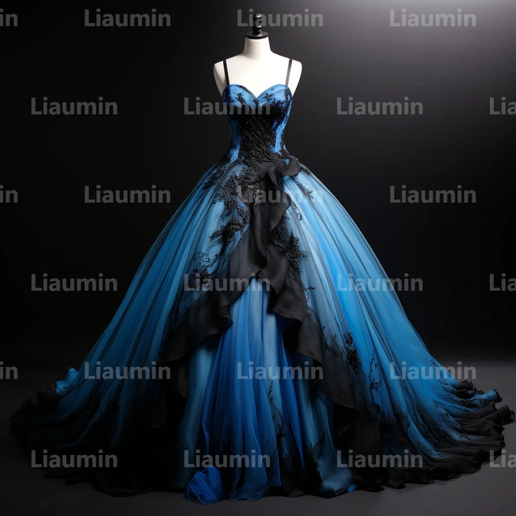 Blue Tulle And Black Strapless Evening Dress Prom Gowns A Line Full Length Formal Brithday Party Occasion Lace Up Hand Made A2-1