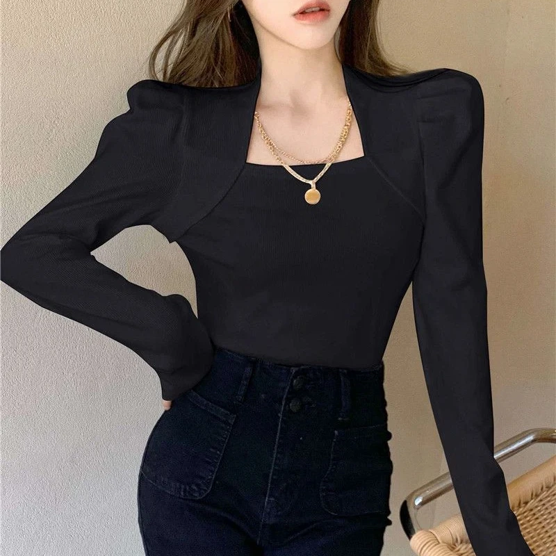 

Темперамент, простые тонкие молодежные футболки, женская одежда, однотонные универсальные милые топы с длинными рукавами, модные элегантные весенне-осенние топы