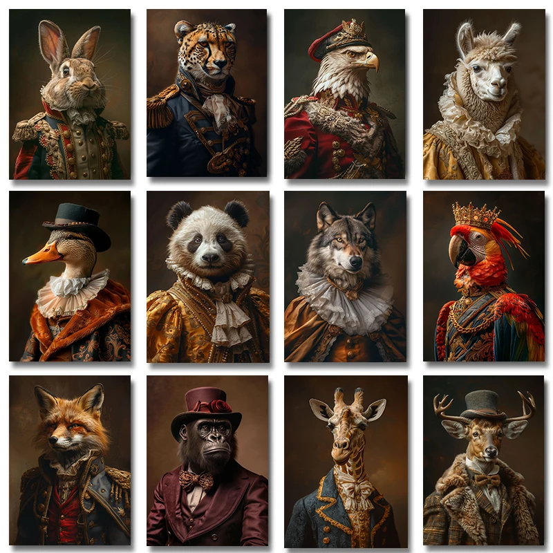 Renaissance European Aristocrat Rabbit Fox Panda Eagle Leopard Gorilla Deer Poster Print Canvas Wall Art Picture Room Home Decor