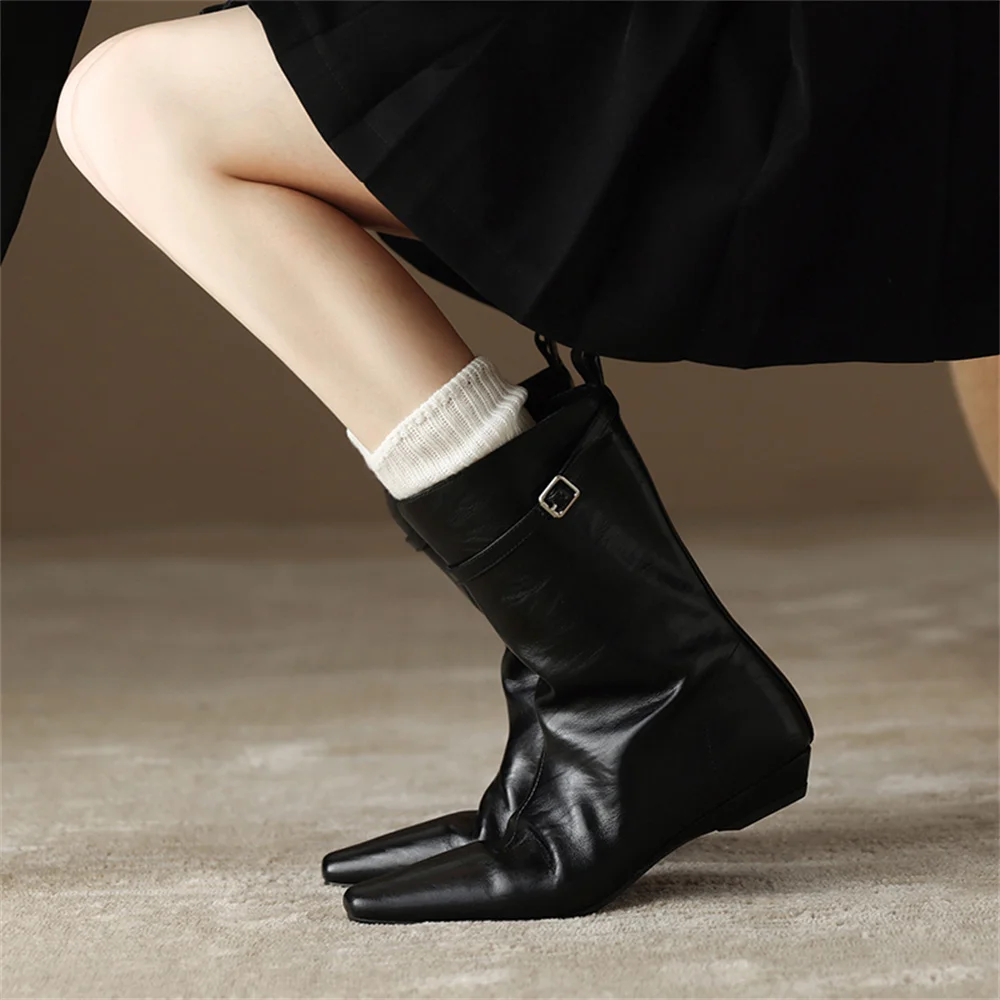 FEDONAS New Arrival Women Soft Leather Mid-calf Boots Low Wedges Heels Pointed Toe Party Dance Shoes Woman High Buckles Boots