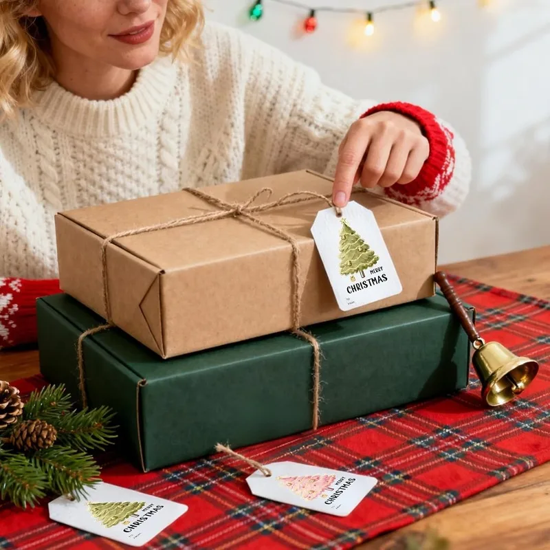 60pcs/Pink and green Christmas tree with string, hanging tags, Christmas candy bags, gift boxes, and gift wrapping tags