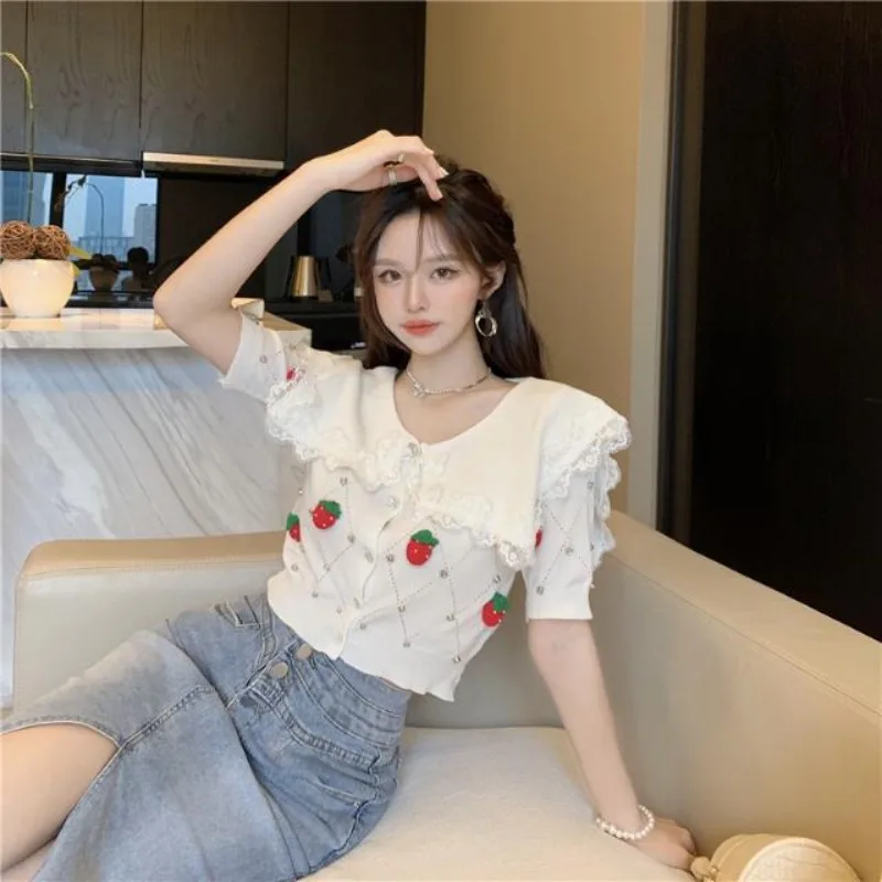 Blouse Knitwear Women's Summer Sweet Peter Pan Collar Lace Trim Strawberry Studs Short Sleeves Knit Cardigan New Versatile Chic view 3