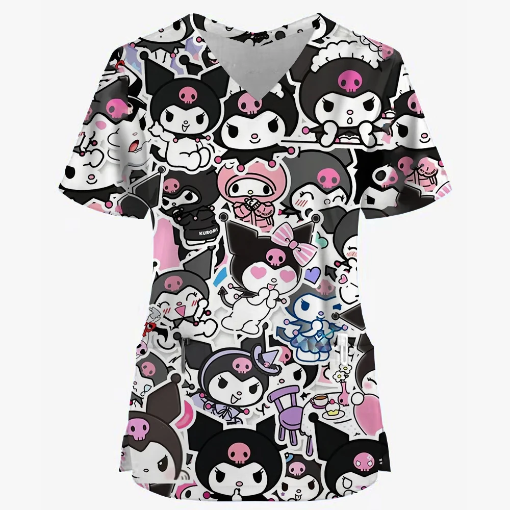 Hello Kitty Uniform Damska koszula robocza z nadrukiem Hello Kitty Pielęgniarka Sukienka z kieszeniami Świąteczne peelingi pielęgniarki zdrowotnej