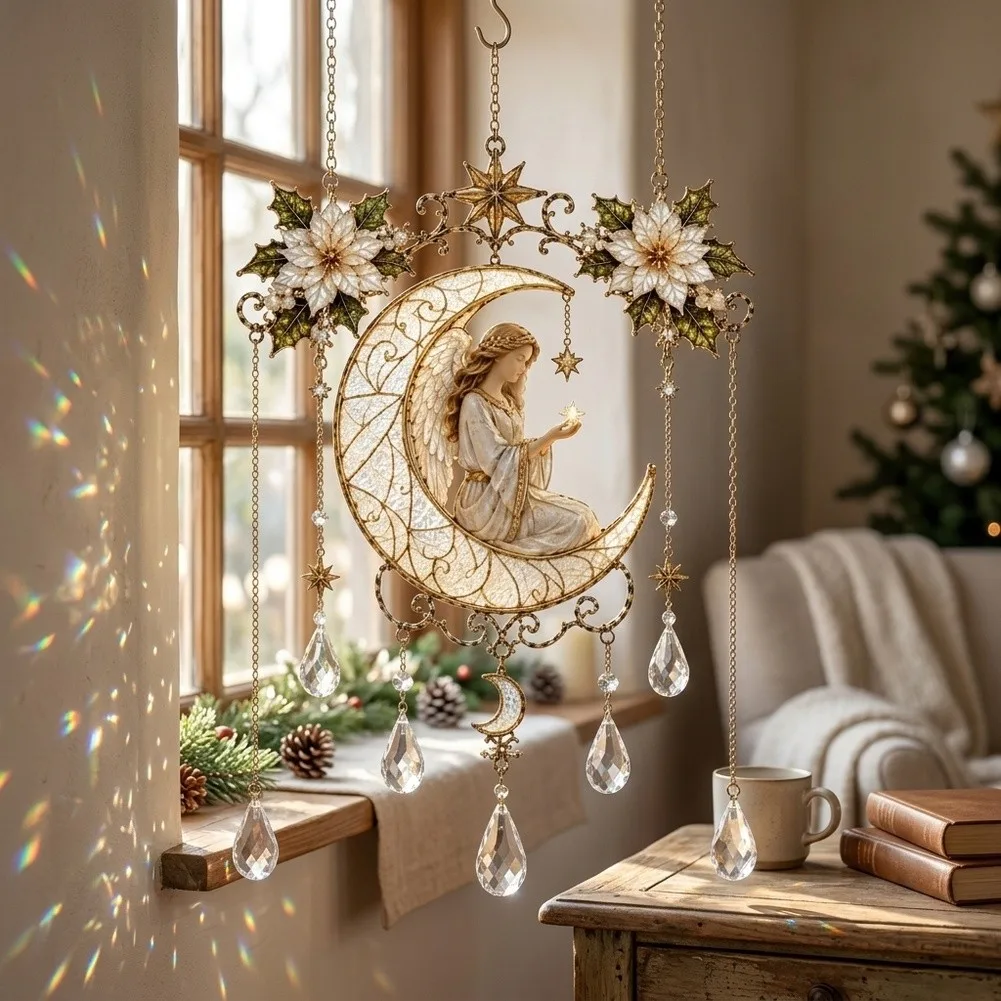 Wall Hanging Angel Moon Decor for Holiday Season Vintage Style Stained Glass and Golden Metal Ornament for Indoor Outdoor Use