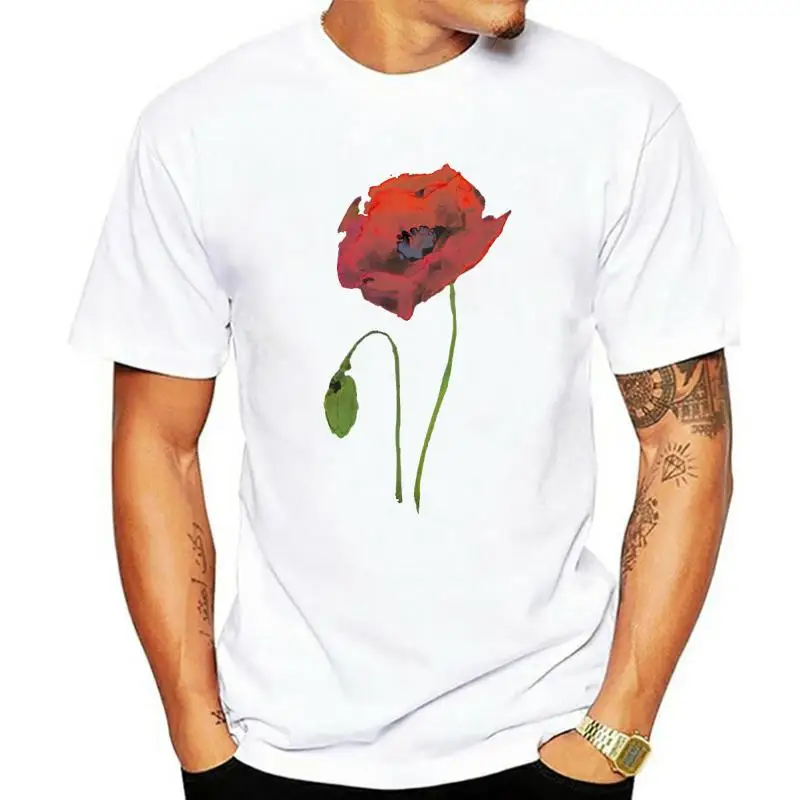 Cotton Fabric Mens Short Sleeve Red Poppy Abstract Watercolor T-shirts Casual Tops Shirt Fashion Summer Crew Neck Clothing Shirt