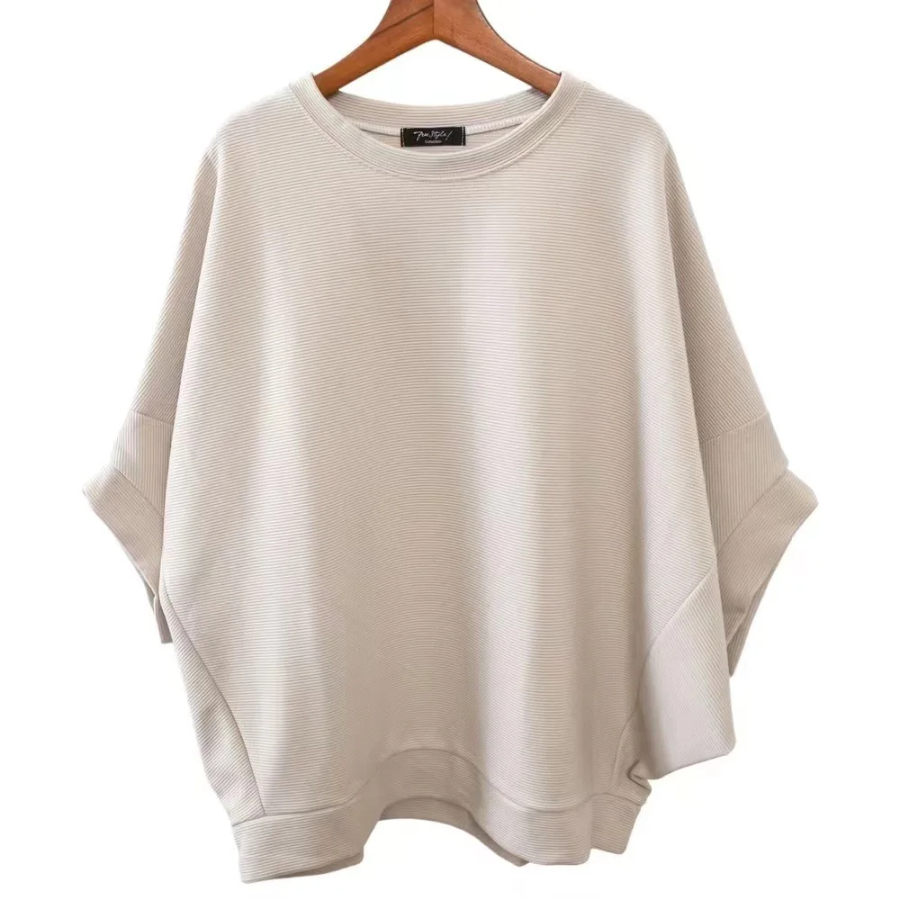 

Casual Loose Autumn Blouse Women Fashion 3/4 Sleeve Tops Bat-wing Sleeve Solid Color Tunic Khaki O-Neck Loose Pullover