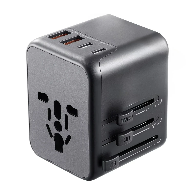 Universal travel adapter 100-250V 4 USB ports 5V/3A output 20W GaN material, overcharge protection