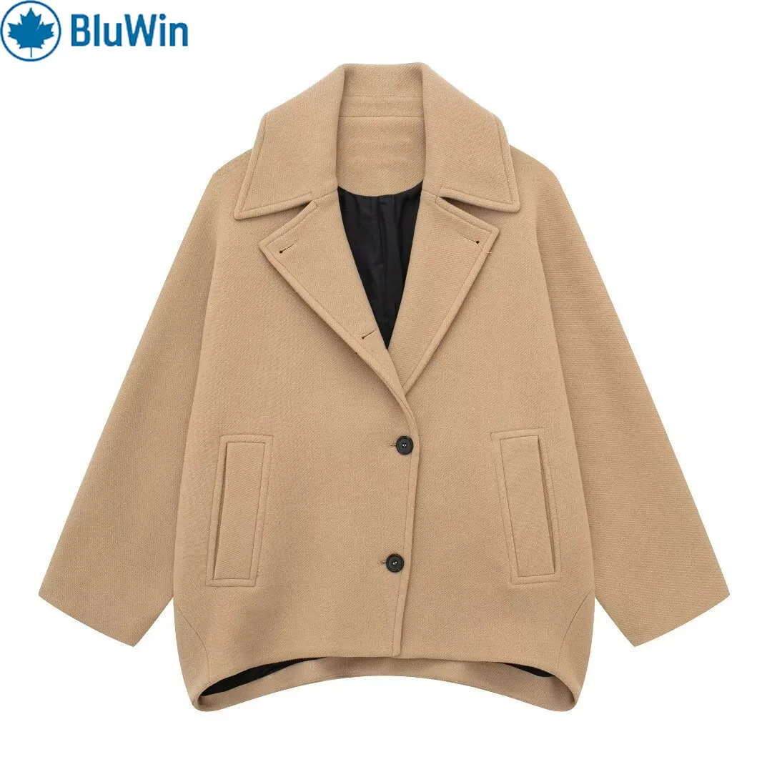 

URBANCHIC&ZAF 4Colors Minimalist Short Wool Blend Coat for Women "Old Money" Style Oversized Lapel Jacket Autumn Winter